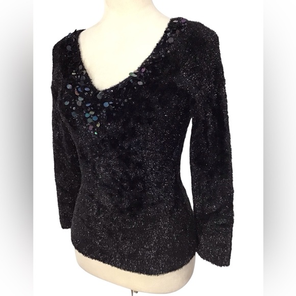 Nicole Miller Black Fuzzy Sequin V Neck Sweater - Picture 2 of 7